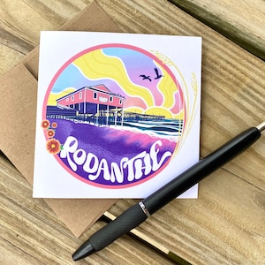 blanco wenskaart - groeten van rodanthe - inlijstbare blanco vierkante kaart - rodanthe pier - obx - buitenste oevers - unieke postkaart