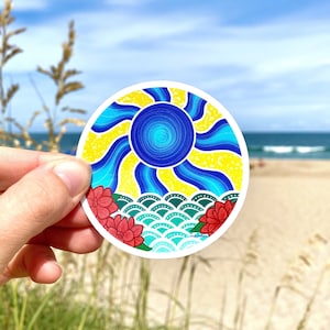 vinyl mandalasticker - sticker "scharlaken begonia's" - vinylkunststicker - dankbaar dood geïnspireerde kunststicker - surfkunst - beachy sticker