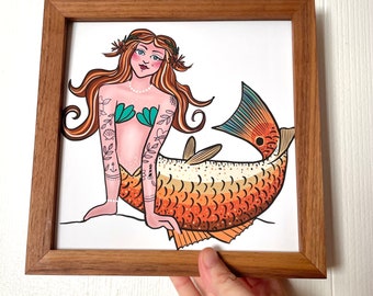 hattie - archival red drum mermaid print in custom frame - outer banks red fish art - framed print - hatteras island art print - obx art