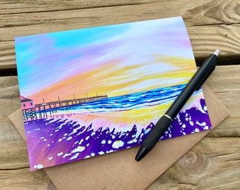 blank greeting card - sunrise at rodanthe pier - frameable blank card with obx beach art - birthday card - thank you card - get well card