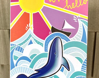 blank greeting card - whale hello - frameable blank card with obx beach art - birthday card - thank you card - get well card