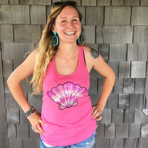 scallop shell - pink or purple racerback tank top with colorful seashell design - sea shell shirt - beachy tank top