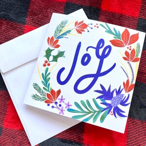 paquete de 5 tarjetas navideñas en blanco - tarjetas en blanco enmarcables con arte de corona floral de alegría - tarjetas de Navidad en blanco