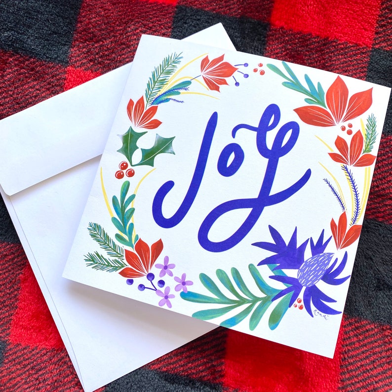 pack of 5 blank holiday cards frameable blank cards with joy floral wreath art blank christmas cards image 1