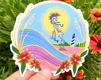 vinyl sticker - bertha surfs - vinyl surf art sticker - grateful dead inspired sticker - obx - cape hatteras lighthouse - surfing skeleton