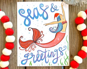 seas and greetings - mermaid holiday art print - archival print - surf art - beach house decor - seasons greetings - obx art - beach art