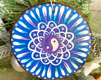 painted wood slice ornament - ooak yin yang mandala mini wall hanging - christmas gift - tiny art - anytime ornament - holiday gift