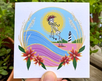 blank greeting card - bertha surfs - frameable blank square card - grateful dead greeting card - surfing skeleton - obx blank birthday card