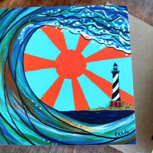 May include: Square painting of a wave with a setting sun and a lighthouse. The wave is teal and blue, the sun is orange, and the lighthouse is black and white. The painting is signed "Randi".