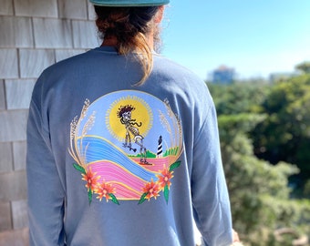 bertha surfs crewneck sweatshirt - outer banks / grateful dead inspired shirt - surfing skeleton crew neck - cape hatteras lighthouse
