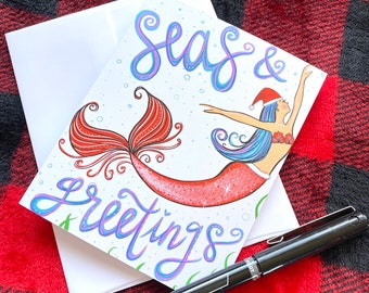 blank holiday card - seas and greetings - seasons greetings - frameable christmas / holiday card with mermaid art