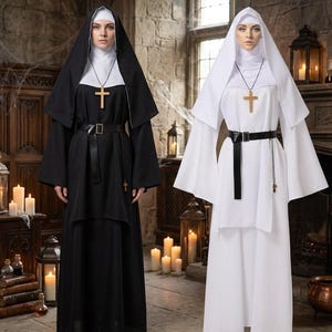 May include: Two nun costumes, one in black and one in white, each featuring a long-sleeved habit, a matching headpiece, a black belt with a silver buckle, and a wooden cross pendant on a cord. The garments have wide sleeves and a floor-length skirt.