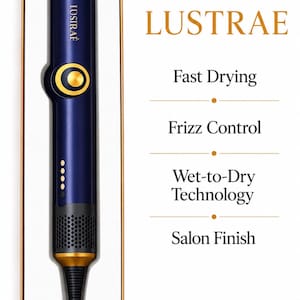 May include: A navy blue hair styling tool with gold accents and the brand name LUSTRAE printed on the handle. The text next to the device reads: LUSTRAE, Fast Drying, Frizz Control, Wet-to-Dry Technology, and Salon Finish. The tool is in a box.