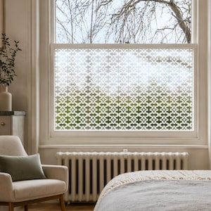 May include: A window film featuring a repeating white geometric pattern of interlocking quatrefoil shapes. The design is semi-transparent, allowing light to pass through while providing a decorative frosted effect on the glass surface.