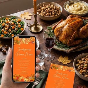 Thanksgiving Menu Template Printable, Fall Feast Table Decor, Modern Orange Thanksgiving Invitation Text, Rustic Autumn Dinner Menu Card