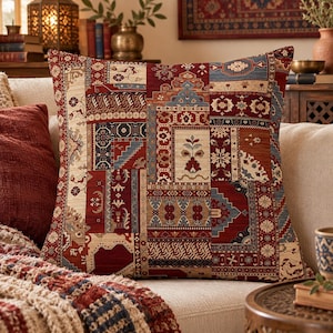 May include: A square throw pillow featuring a patchwork design of intricate woven patterns in deep red, muted blue, cream, and brown tones. The textile surface displays a variety of geometric shapes, floral motifs, and ornate borders.