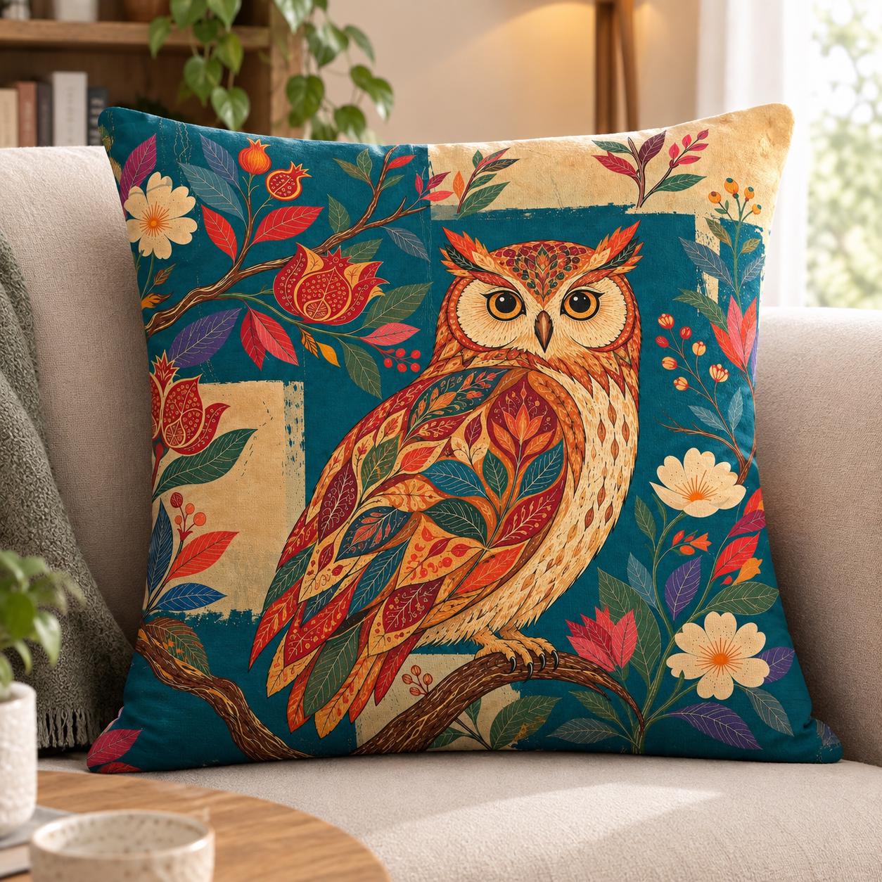 Colorful Floral Owl Stuffed Pillow, Botanical Woodland Bird Cushion with Insert, Teal Maximalist Roo