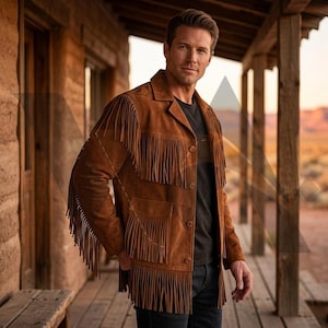 May include: A brown suede jacket featuring long fringe detailing across the chest, sleeves, and hem. The jacket includes a classic collar, a button-front closure, and two front pockets. It is worn over a dark gray t-shirt and dark denim jeans.