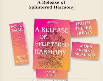 Puede incluir: Un set de fiesta que incluye un marcapáginas, una tarjeta central y dos tarjetas rectangulares más pequeñas con un fondo degradado rosa y naranja. El texto dice A Release of Splintered Harmony, Hello Darling Please Join Me For, Truth Teller Treats, Mors Missing Moments, Hello Feyre Darling y Tamlins Tears.