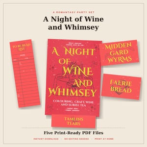 Op de afbeelding: Een feestset met een rode uitnodigingskaart met gele tekst A Night of Wine and Whimsy, een leeslijst en drie kleinere kaarten met de labels Midden Gard Wyrms, Faerie Bread en Tamlins Tears, allemaal voorzien van gele letters.