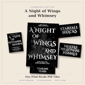May include: A party set of five black rectangular signs with white text and star illustrations. The main sign reads A Night of Wings and Whimsy, with smaller signs labeled A Taste of Rhysands Reserve, Starfall Snacks, Nestas Nightmare Nibbles, and Tamlins Tears.