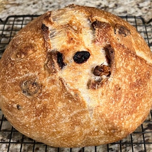 May include: A freshly baked loaf of sourdough bread with a golden brown crust and a few dark raisins visible on the surface. The bread is sitting on a wire rack.