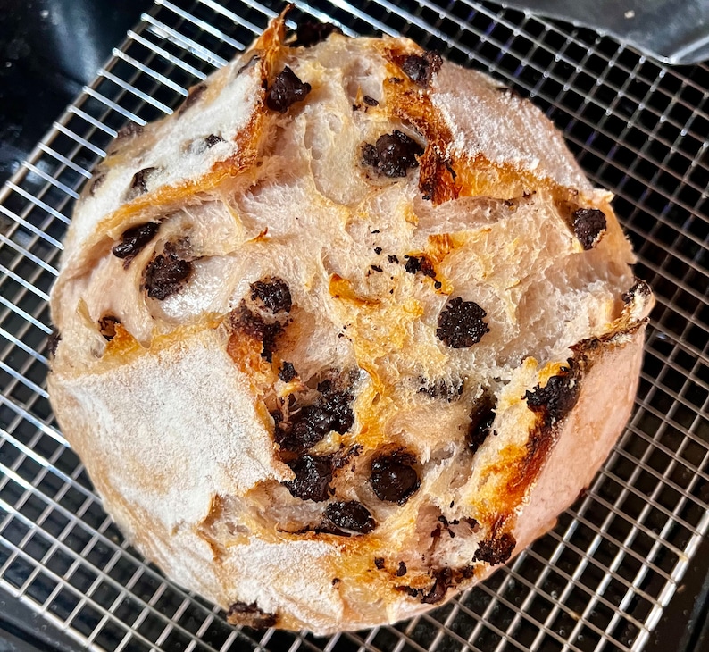 May include: A close-up of a freshly baked loaf of bread with chocolate chips. The bread has a light brown crust and a soft, fluffy interior. The chocolate chips are evenly distributed throughout the bread.