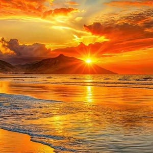 May include: A vibrant sunset over a coastal landscape featuring a bright orange and yellow sky with scattered clouds. The sun sits low behind a dark mountain silhouette, casting a golden reflection across the wet sand and gentle ocean waves.