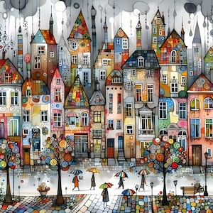 May include: A colorful illustration of a city street with tall, narrow buildings featuring varied architectural details and patterns. People with umbrellas walk along a cobblestone path lined with stylized trees and a bench under a gray sky.