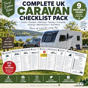 May include: A digital printable pack of 9 caravan checklists for UK travel, featuring categories like inside, outside, hitching, towing, and maintenance. The white pages include numbered lists, checkboxes, and icons, designed for caravan owners to print at home.