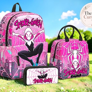 May include: A pink and black Spider-Gwen themed set consisting of a backpack, a lunch bag, and a pencil case. Each item features a graphic of the character, a white spiderweb pattern, and the text Spider-Gwen in a bold, stylized pink font.