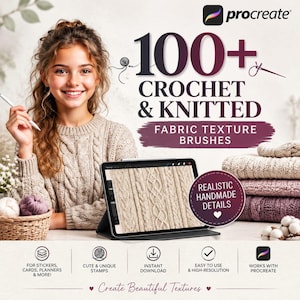 Könnte beinhalten: Eine digitale Produktwerbung für über 100 Häkel- und Strickstoff-Texturpinsel für Procreate. Das Bild zeigt ein Tablet mit einer Zopfmuster-Textur, einen Korb mit Garn sowie Textdetails zu Funktionen wie Sofort-Download und hoher Auflösung.