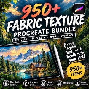 Könnte beinhalten: Ein digitales Paket mit über 950 Stofftexturen für Procreate, einschließlich Pinseln, Stempeln und Overlays. Die Grafik zeigt ein Tablet mit einer Berglandschaft und dem Text 950+ FABRIC TEXTURE PROCREATE BUNDLE.