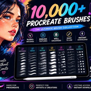 Puede incluir: Un gráfico digital que muestra una tableta con un menú de pinceles de Procreate con categorías como Sketching, Inking, Texture, Painting, Effects, Lettering y Elements. El texto dice 10,000+ Procreate Brushes, The Ultimate Brush Collection.