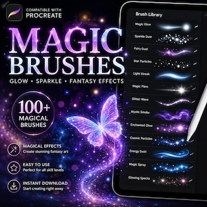 Puede incluir: Un conjunto de pinceles digitales para Procreate con más de 100 pinceles de temática mágica. La interfaz muestra una lista de nombres de pinceles como Magic Glow, Sparkle Dust y Cosmic Particles, junto a un gráfico de mariposa violeta.