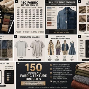 May include: A digital set of 150 Procreate fabric texture brushes featuring various textile patterns like denim, cotton, linen, and wool. The image displays brush previews, before-and-after garment examples, and a workflow guide for digital fashion art.