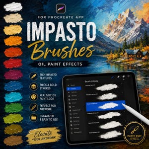 Puede incluir: Un anuncio de producto digital para pinceles Impasto de la aplicación Procreate con efectos de pintura al óleo. La imagen muestra una columna de muestras de pintura texturizadas, un paisaje y una tableta con una biblioteca de pinceles.