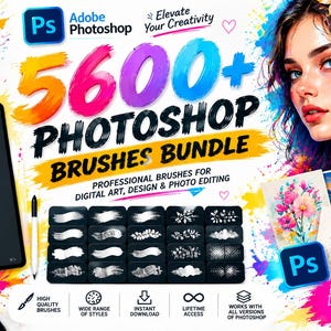 Pode incluir: Um pacote de produtos digitais para Adobe Photoshop com mais de 5600 pincéis, incluindo um tablet com categorias, uma grade de amostras de traços e ilustrações artísticas coloridas de paisagens e rostos humanos.