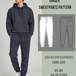 Puede incluir: Un patrón de costura para pantalones de chándal unisex con una guía de costura ilustrada paso a paso. El documento incluye tallas XS-3XL en formatos A4, US Letter y A0. La imagen muestra una sudadera con capucha y pantalones gris oscuro.