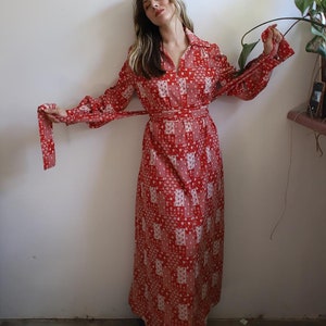 Vintage 1970s long sleeve floral patchwork print maxi dress red white