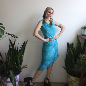 Vintage 2000s 00s y2k sleeveless cowl next asymmetrical hem blue floral dress image 1