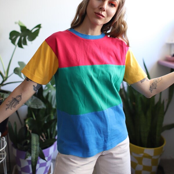 Vintage 1990s color block pink yellow green blue tee t-shirt