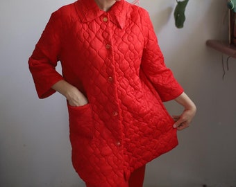 Vintage 1950s 60s Texsheen red quilted bed jacket + nylon pants pajamas pjs loungewear 2pc two piece lingerie set