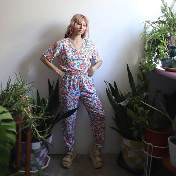 Vintage 1980s 90s two piece bright colorful floral tee + high waist pants set outfit