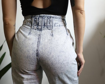 Vintage 1980s xs 24" waist ultra high rise acid wash stonewashed jeans denim distressed