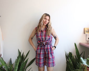 Vintage 1990s Erika Classics plaid two piece sleeveless button down shirt + high waist shorts