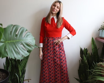 Vintage 1960s 70s PBJ xs dagger collar red floral maxi dress