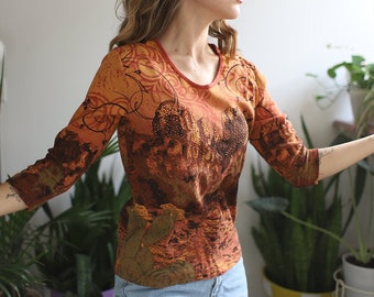 Southwestern cactus graphic shirt 3/4 sleeve - orange swirly Sedona Arizona - Desert Dreams