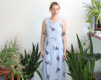 Vintage 1990s Victoria Moon small sleeveless light blue pastel floral rose maxi dress