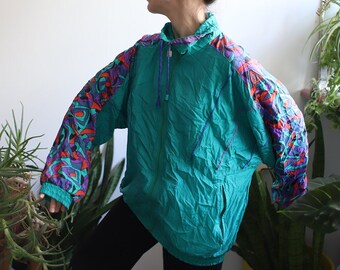Vintage 1980s Givenchy Activewear windbreaker turquoise purple red swirly geometric